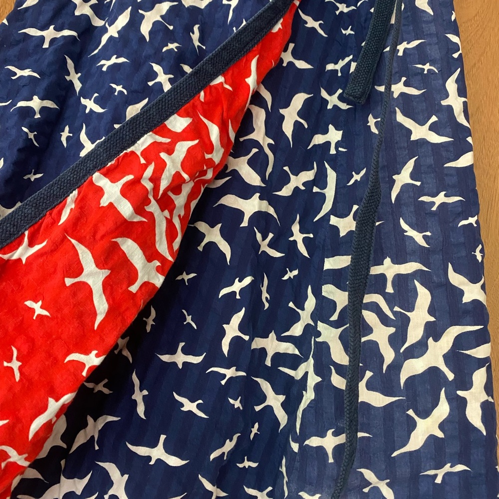 Vintage 60s 70s Blue and White reversible Bird Print Wrap Skirt - Picture 2 of 5